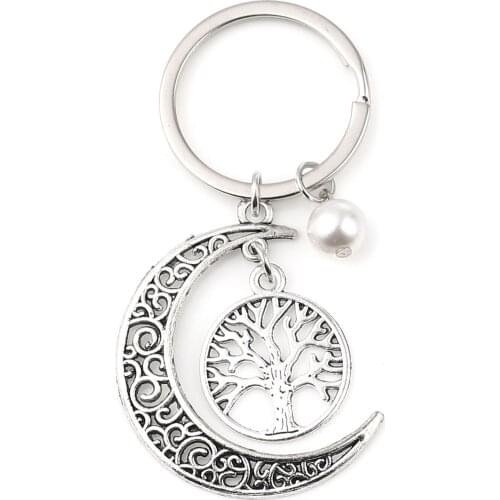 DoreenBeads Acrylic Beads Keychain Silver Color Metal Half Moon Round Tree Hollow Keyring Key Holder Jewelry Gifts 67mm, 1Piece