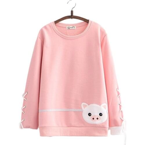 Fleece Women Hoodies Sweatshirts Sweet Style Cartoon Embroidery Lace Up Pullover 2021 Autumn Winter Thick Loose Cute Tracksuits