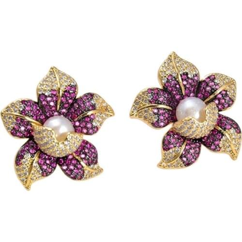 GG Jewelry Cz Pave Pearl Earrings White Pearl Yellow Gold Plated Cz Flower Earrings