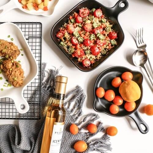 Simple style Single Handle Ceramic Plate Square Glaze Porcelain Baking Plate Tableware Western Food Steak Tray Dessert Dishes