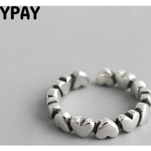 YPAY 100% Pure 925 Sterling Silver Adjustable Rings for Women Retro INS Forever Love Heart Finger Ring Fine Jewelry Gift YMR795