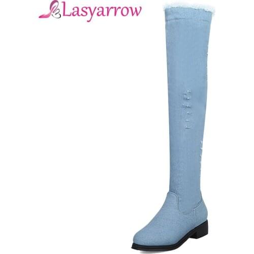 Lasyarrow Denim Boots Zipper Hollow Tassel Long Boots Sexy Fashion Over the knee Jean Boots Low Chunky Heel Thigh High Boots