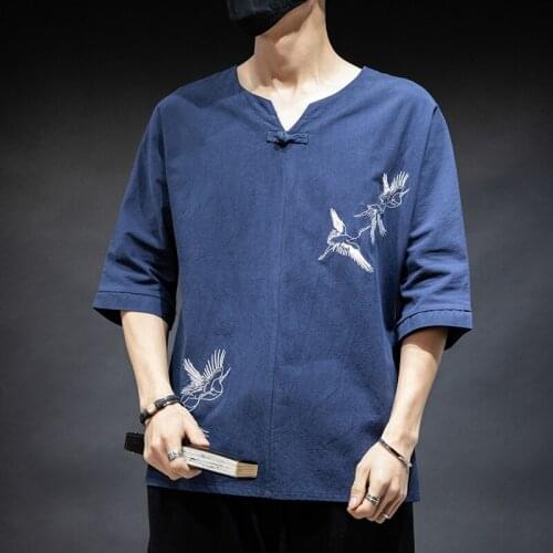 Chinese Style Linen T-Shirt MenS Summer Embroidery Kung Fu Clothes Tang Suit Shirt Loose T-Shirt Japanese Kimono Men New KK3622