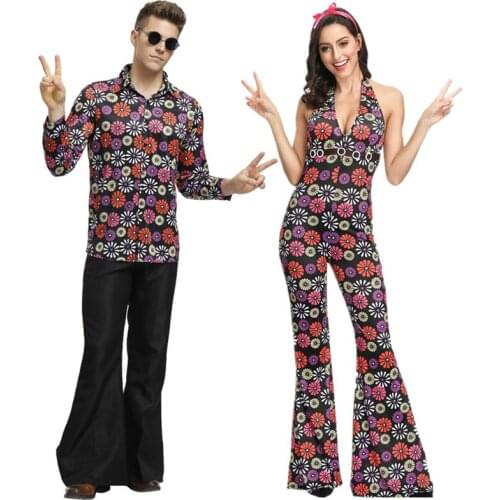 1960s Hippie Matching Costume Peace and Love Men Women Couple Flower Power Outfit Retro Bell Bottom Jumpsuit for Adult Halloween