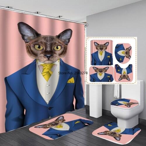 Gentleman Cat Shower Curtain Mat Set with Carpet Bath Screen for Home Hotel Bathtub Partition Mold Proof Durable Curtains Hooks
