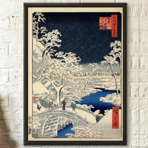 Wall Art Meguro Drum Bridge and Sunset Hill Canvas Painting Modular Japan Ukiyo-e Pictures Home Decor Utagawa Hiroshige Poster