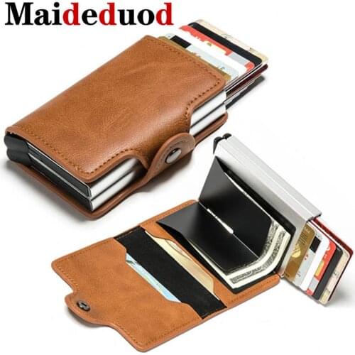Maideduod NEW PU Leather Credit Card Holder New Aluminium Double Card holder Men And Women Metal RFID Vintage Travel Card Wallet