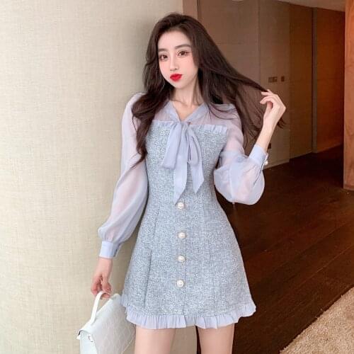 New Spring Vintage High waist See-through Chiffon Patchwork Tweed Mini Dress Women Ribbon Bow Long Sleeve Button Party Dress 61i