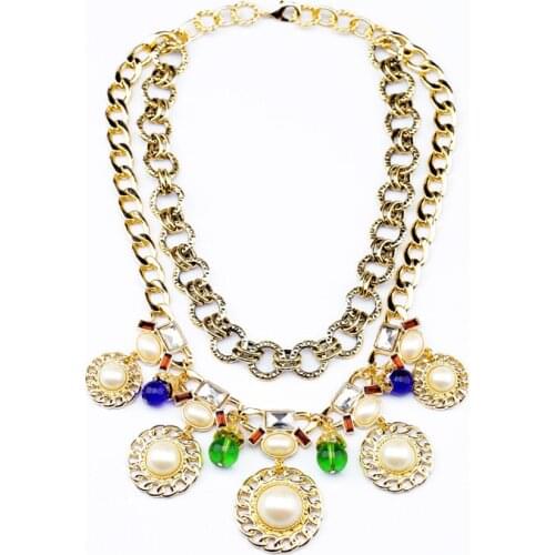 Bulk Price Romantic Elegant Charm Gold Color Double Chains Round Simulated Pearl Lady Wedding Necklace