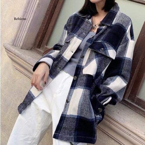 Autumn Jacket Women Fashion Thick Pink Green Plaid Jacket Women Shirt Vintage Coat Spring Casual Female Tops Outwear