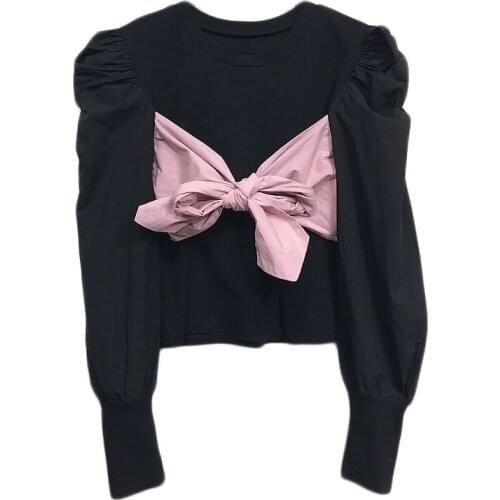 PERHAPS U Women Round Neck Bow On Chest Puff Sleeve Loose Pullover Knitted T-Shirt Top B3009