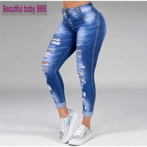 Washed Ripped Jeans Women Plus Size S-5XL Korean High Waist Trousers Skinny Denim Jeans Black Blue Hollow Bleached Pencil Pants