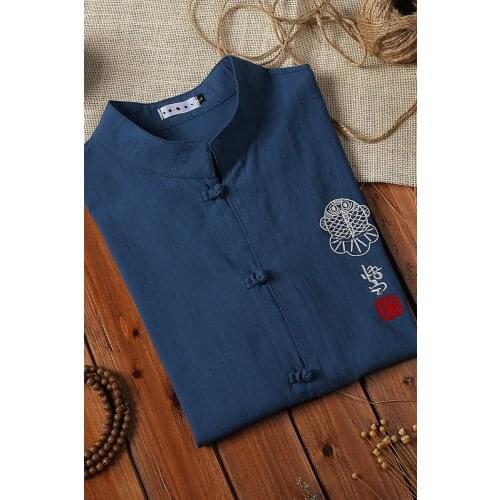 Summer Chinese style mens short-sleeved breathable shirt male retro embroidery fish cotton standing collar shirt large 5XL size