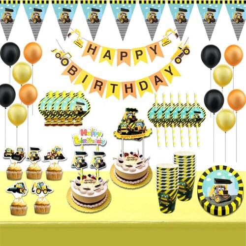 Mechanical Digger Theme Disposable Tableware Excavator Car Birthday Party Decorations Disposable Plates Napkins Cups Banners