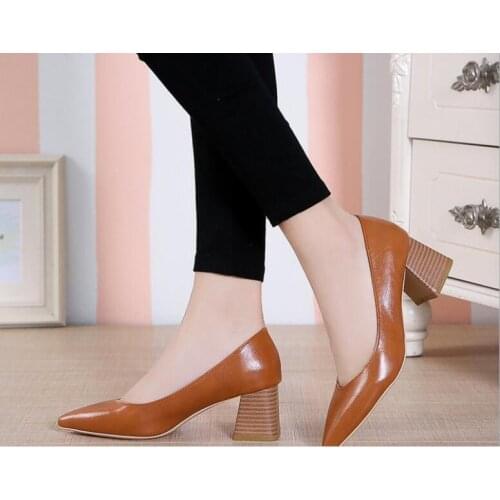 Sexy classic European style time simple comfortable high heels pointed thick heel shoes pu single shoes wild womens shoes