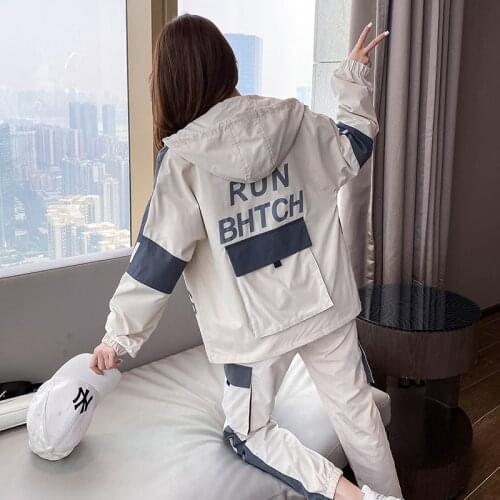 2021 Autumn Spring Long Sleeve Windbreaker Coat & Cargo Pants Two Pieces Set Trousers Suit Female Winter Outfits Harajuku Cool