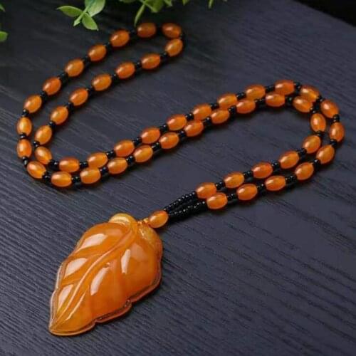 Vintage Ethnic Beeswax Pendant Long Necklace Men Women Autumn Winter Trendy Amber Carved Beads Sweater Chain Lady Neck Decor