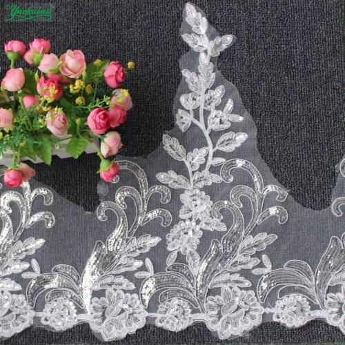 YACKALASI 5 Yards/Lot White Bridal Lace Fabric Wedding Lace Appliqued Sequined Flower Embroidered Lace Scalloped Mesh 43cm