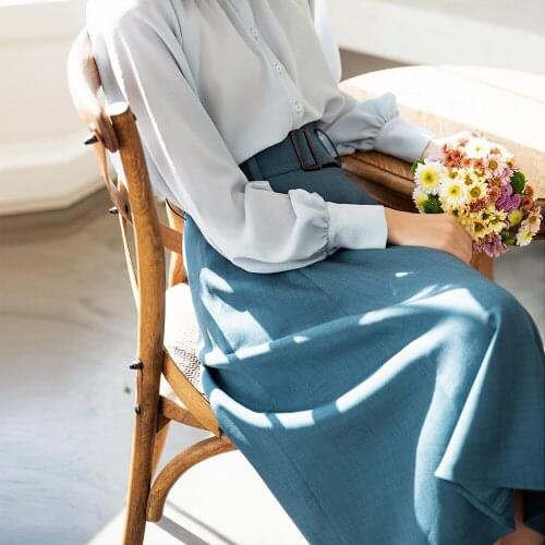 Spring autumn skirt skirts women 2020 spring fashion vintage elegant OL red yellow blue belt a-line skirt mid-long ladies skirts