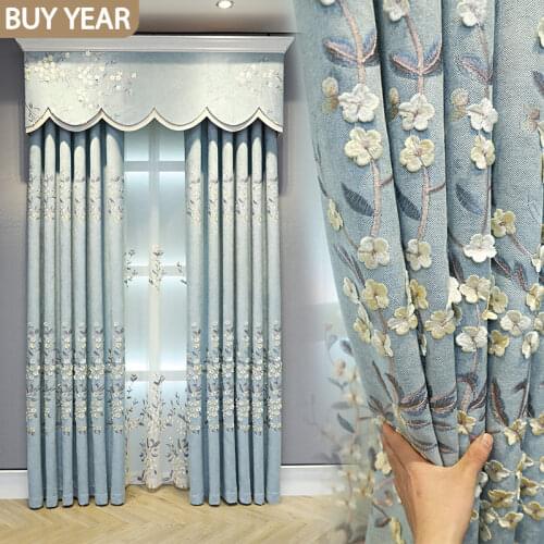 European-style Curtains for Living Dining Room Bedroom Embossed Curtains Fresh Gray Blue Chenille Curtains Valance Curtains