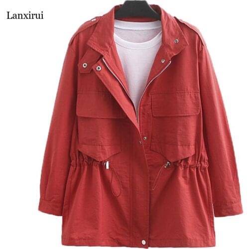 Extra Large Size Womens Jacket Autumn new Windbreaker Jacket Mid-Long Elastic Waist Casual Coat Ladies Tooling