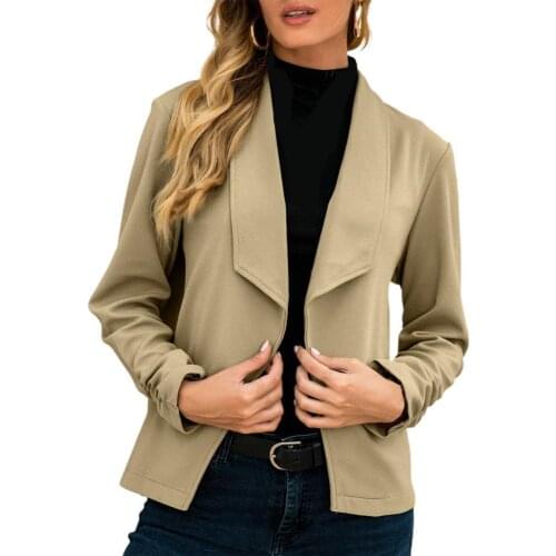 2021 Fashion Office Lady Blazer Solid Color Shirring Cuff Autumn Winter Lapel No Button Irregular Suits Jacket for Daily Wear