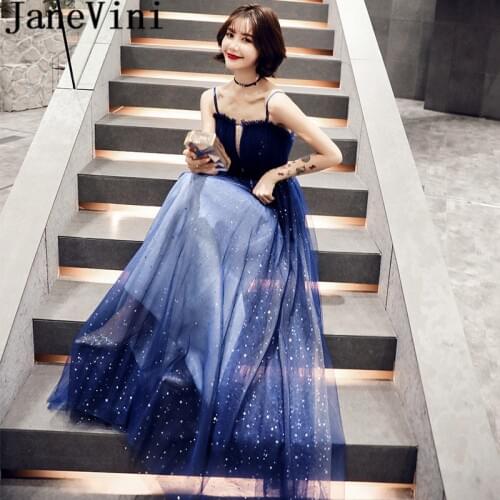 JaneVini Shiny Stars Glitter Prom Dress for Women Deep Blue Strapless Tulle Elegant Arab Evening Formal Dress A Line Party Gowns