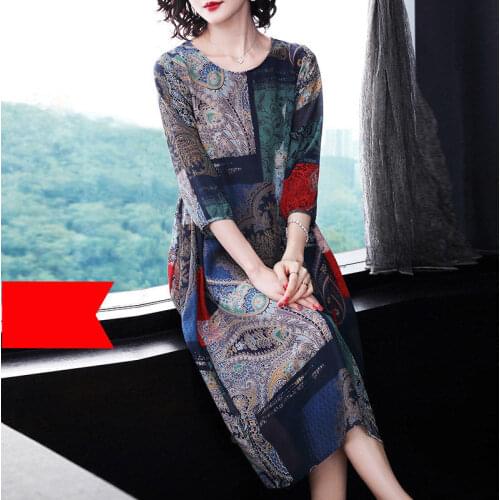 Spring Summer New Womens Seven Point Sleeves Temperament Dress Loose Large Size Dress Fashion Floral Print Vestidos Femme r116