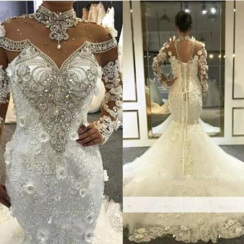 New Arrival High Neckline Crystals Beads Robe De Mariee Appliques Lace Mermaid Wedding Gowns For Bride Long Sleeves Bridal Gowns