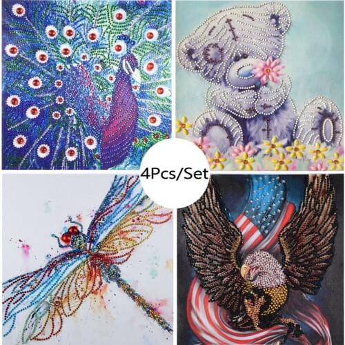 4Pcs/set 5D DIY Diamond Painting Special Shaped Dragonfly Peacock Picture Partial Drilled Diamond Embroidery Crystal Art Crafts