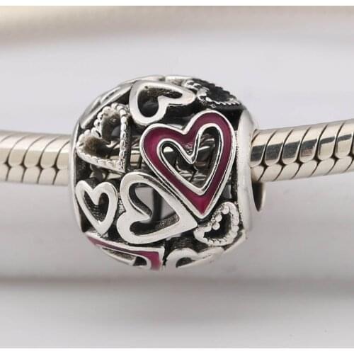 Authentic S925 Bead Openwork Hearts Charm fit Lady Bracelet Bangle