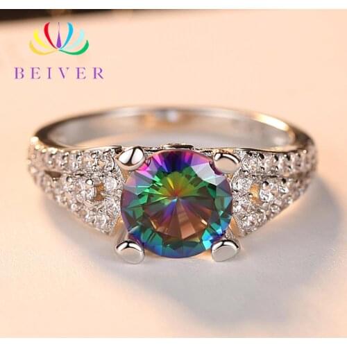 Beiver 2019 New Arrival White Gold Color Rainbow Round Zircon Promise Wedding Rings for Women Party Jewelry Ladies Gifts R567W-C