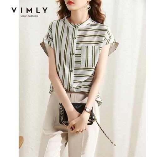 VIMLY Summer Women Blouse Elegant Office Lady Striped Shirts Fashion Button Short Sleeve Vintage Blusas Female Tops F7305