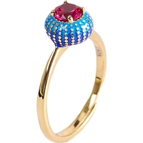 BOCAI New pure s925 silver jewelry gold-plated, burnt blue claw setting round red corundum ring fashionable simple woman ring