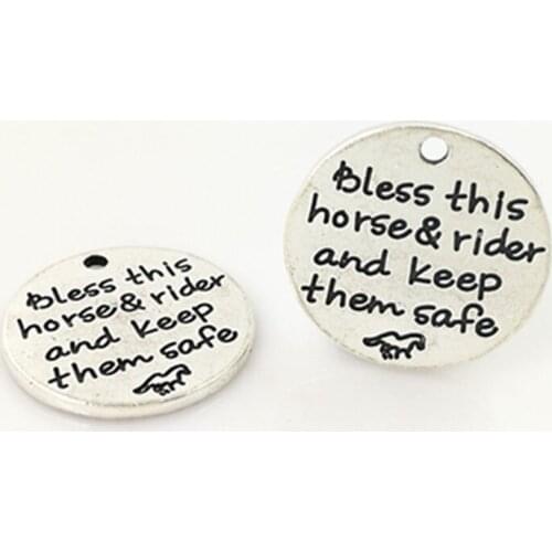 20 pcs/Lot 22mm Antique Silver color letter printed bless this horse rider and keep them safe message charm for jewelry making