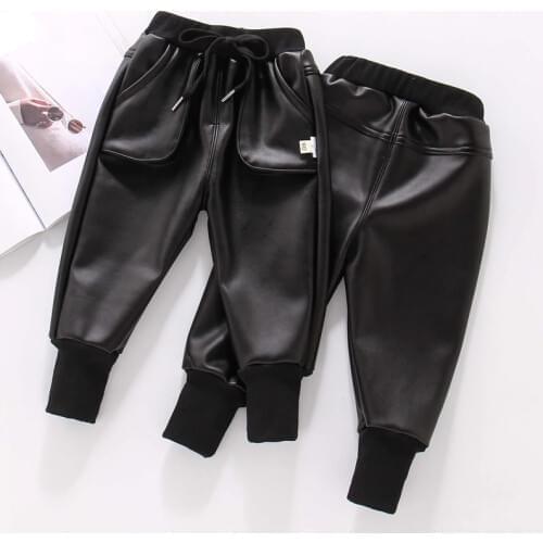 Winter Faux Leather Cargo Pants Childrens Pants Warm Boys Trousers Thicken Casual Cargo Pants Girls Clothing 2 4 6 8 Years
