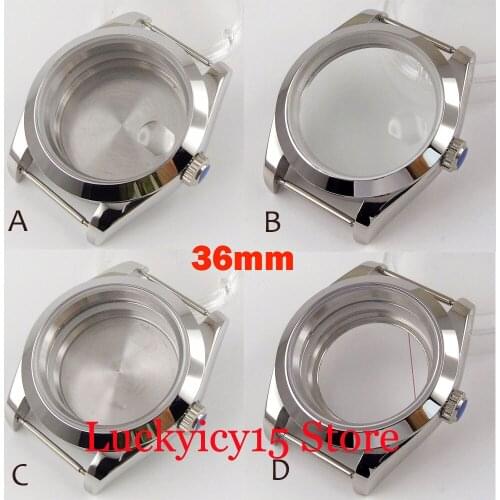 36mm Silver Steel Watch Case fit NH35A NH36A ETA 2836 MIYOTA 8215 821A DG Glass Back Polished Bezel Screw Crown Sapphire Crystal