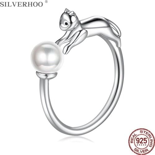 SILVERHOO Real Sterling Silver 925 Rings For Women Cute Kitten Cat And Ball Shell Pearl Adjustable Ring Christmas Gift To Friend