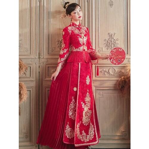 Red Embroidery Wedding Dress Chinese Bride Traditional Banquet Costume Classic Cheongsam China Qipao костюм для восточных