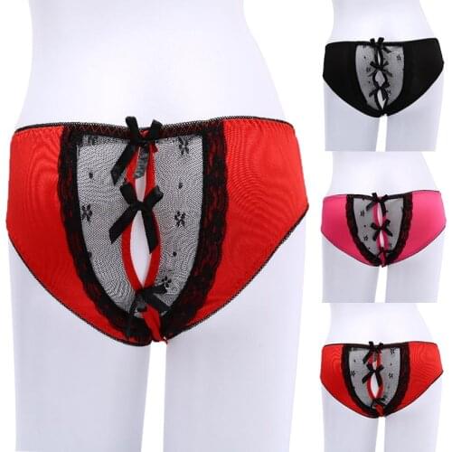 Lace Women Pants Open Crotch Mesh Sexy Temptation Thongs Bowknot Hallow Out Erotic Lingerie Crotchless Briefs Panties For Sex