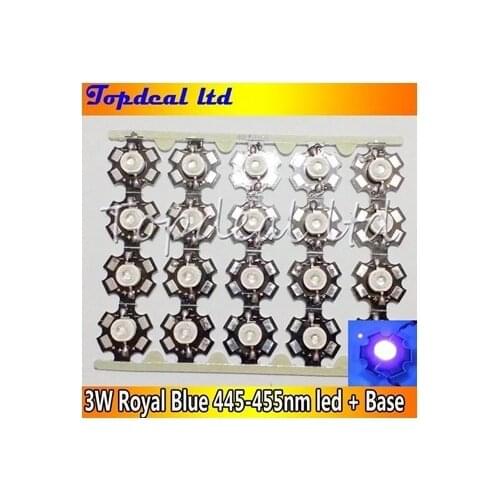 HOT Top Royal Blue 3W LED 445-455nm high Power 3W LED Chip Emitter With 20mm Star base 100pcs/lot for light tube