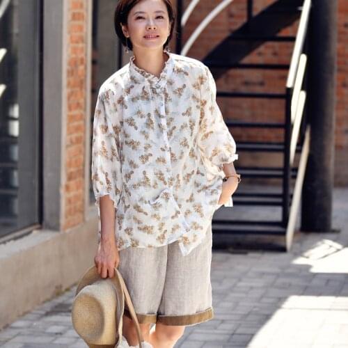 MICOCO C6009C Art retro fresh broken flower light breathable five minute sleeve flounce collar shirt
