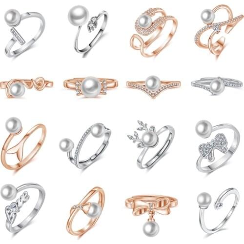 Fashion Imitation Pearls Rose Gold Color Metal Hollow Exaggeration Design Finger Advanced Sense Rings for Women Girls Party Gift