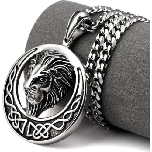 Mens Curb Cuban Chain black Tone 316L Stainless Steel Vintage Large Big Lion Head Pendant Necklace
