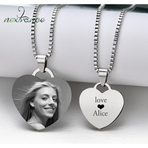 Nextvance Customized Necklaces Engrave Photo Name Necklace Stainless Steel Heart Pendant Chain Necklace Jewelry For Women ID Tag