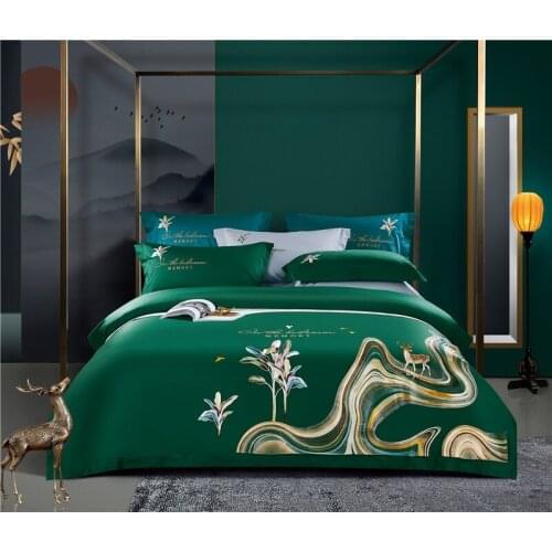 Luxury Jungle Fawn Green Satin Embroidery Egyptian Cotton Duvet Cover Bed Linen Fitted Sheet Pillowcases Bedclothes King Queen