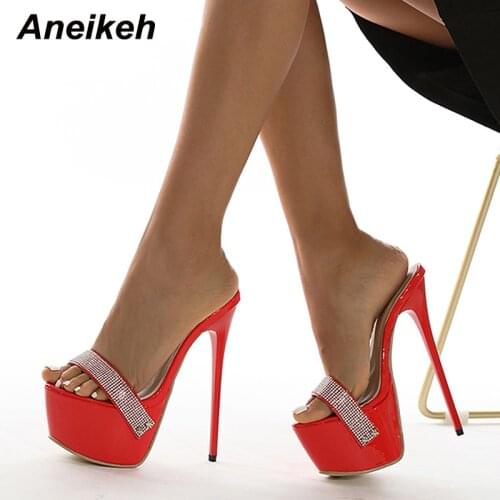 Aneikeh Sexy Bling Shallow Platform Slippers Summer Women High Sandals Fashion Peep Toe 17CM Thin Heel Shoes Slip On Sweet Party