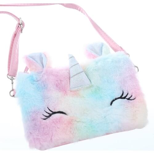 Student Belt Zipper Cartoon Unicorn Shoulder Bag Girl Preppy Style Plush Crossbody Bag For Phone Square Rainbow Fur Flap Purse