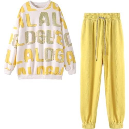 Top Fashion Womens 2021 New Autumn Light White A Lot of Rhinestones Thin Velvet Sports Hoodie Lace-up Yellow Sweatpants Suit