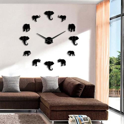 Creative acrylic mirror elephant wall clock living room decoration three dimensional DIY fashion simple decorative wall clock